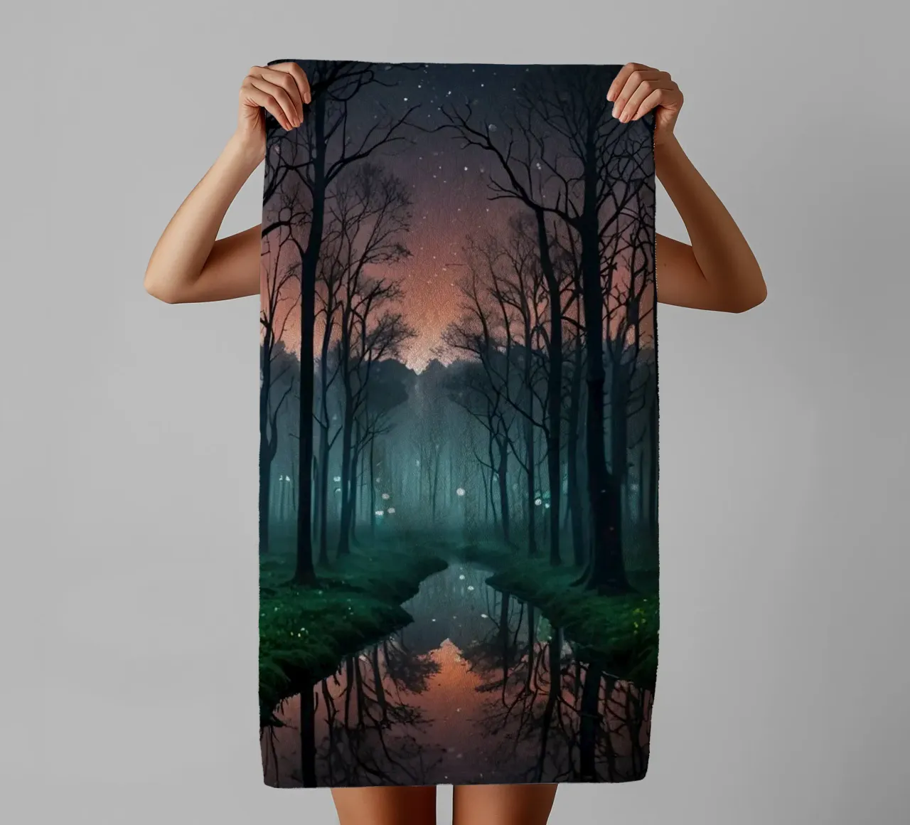 Twilight forest with shimmering waterway towel by DesignDoodle