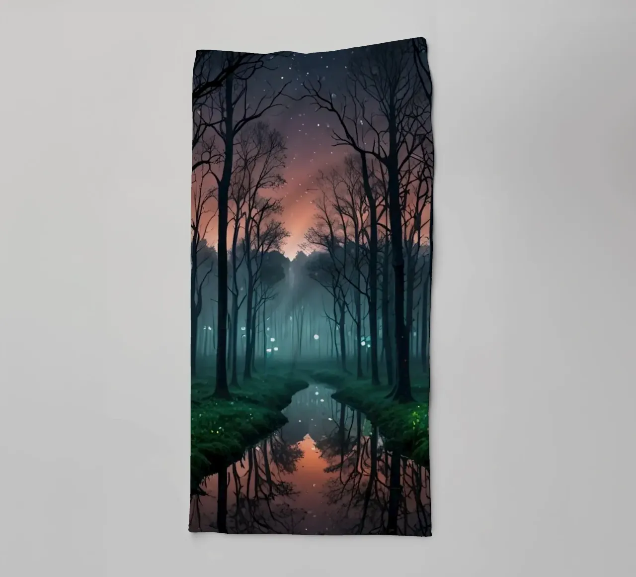 Twilight forest with shimmering waterway towel by DesignDoodle