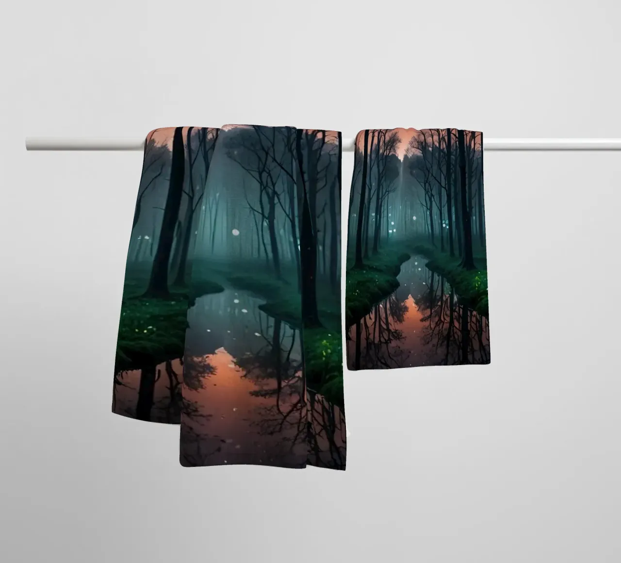 Twilight forest with shimmering waterway towel by DesignDoodle