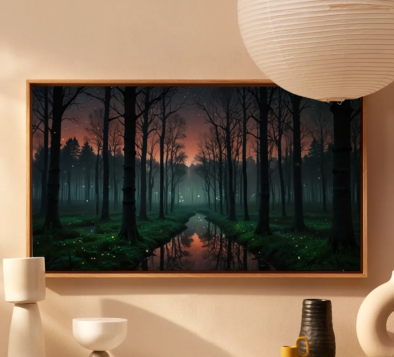 Twilight forest with shimmering waterway canvas with Floater frame by DesignDoodle