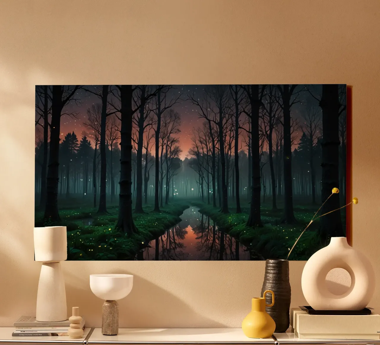 Twilight forest with shimmering waterway canvas with Floater frame by DesignDoodle