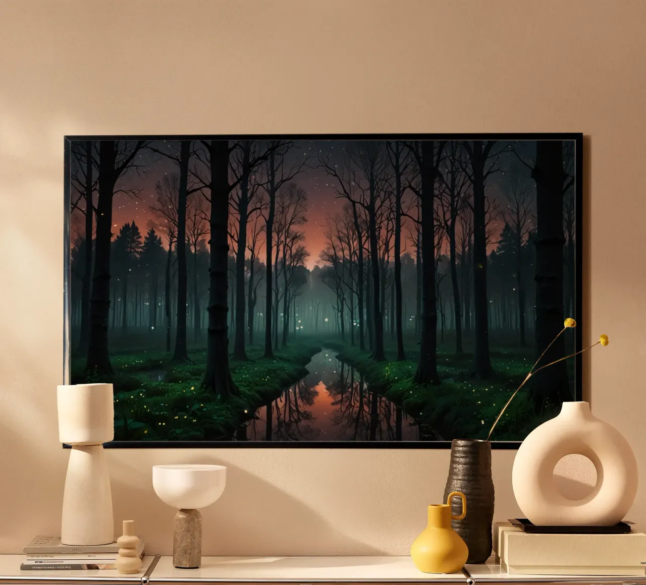 Foresta crepuscolare con corso d'acqua scintillante carta hahnemühle da DesignDoodle