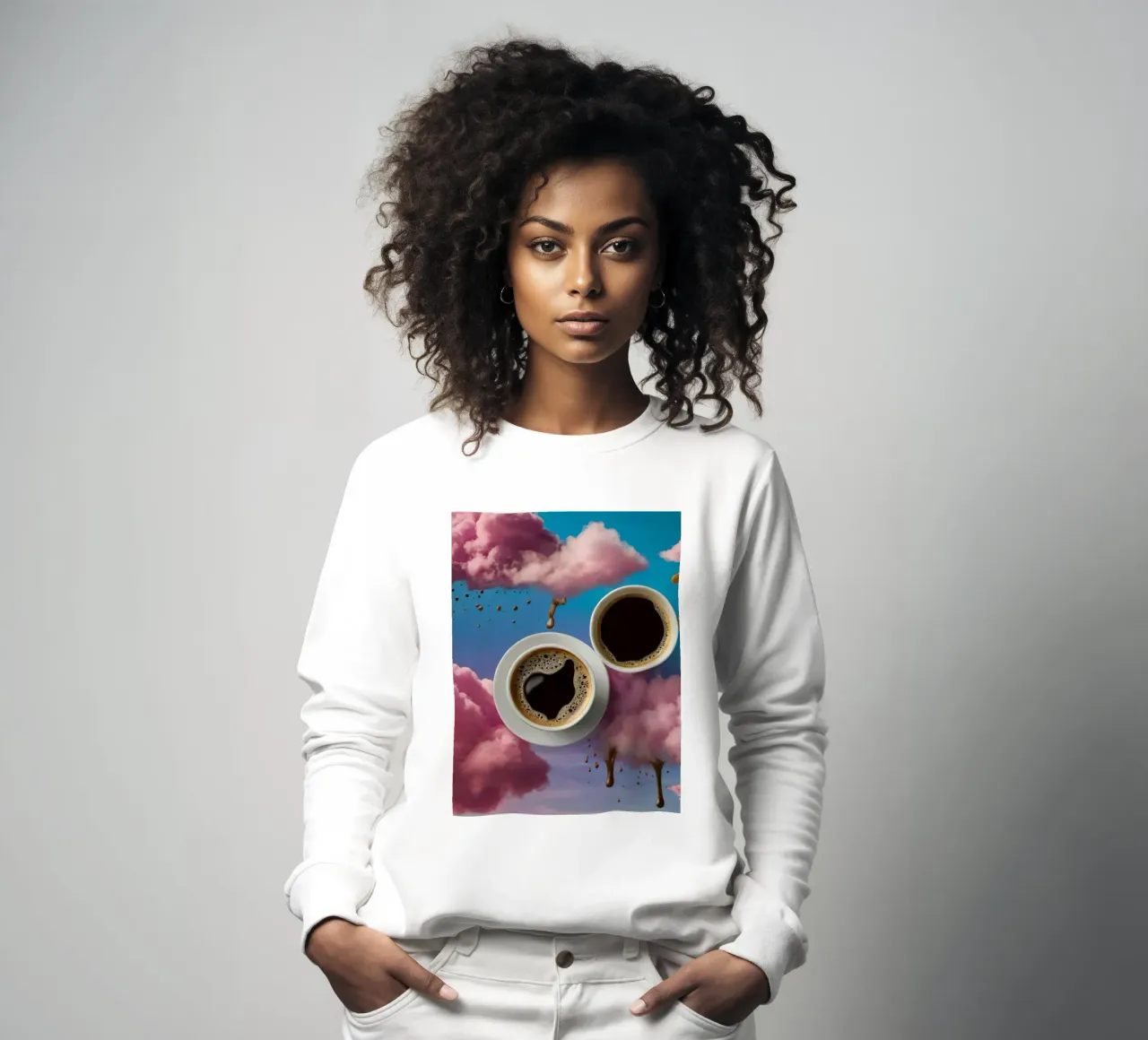 Twee dampende kopjes koffie rusten bovenop kleurrijke wolkenkunst sweatshirt van DesignDoodle