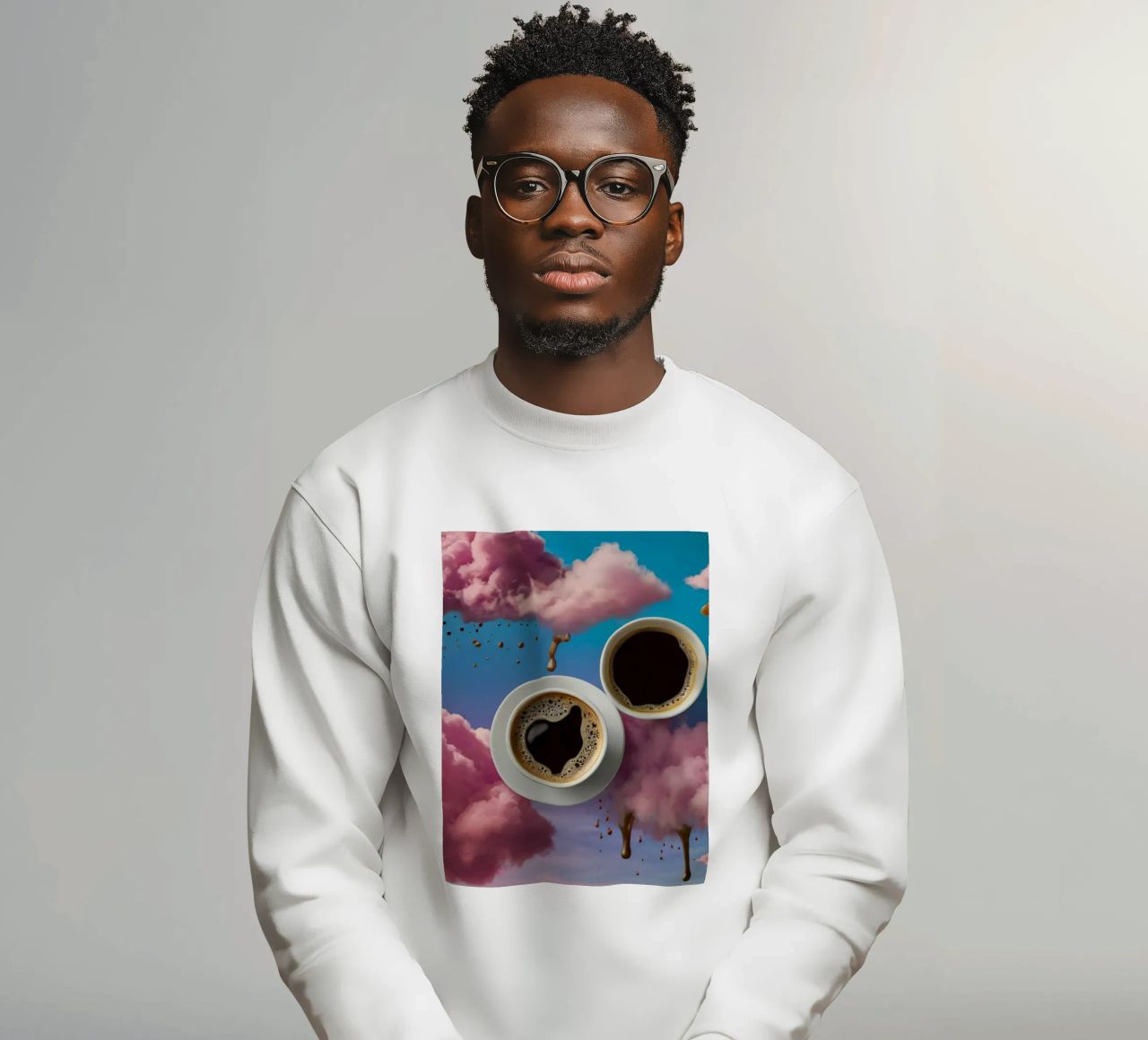 Due tazze di caffè fumanti appoggiate in cima a nuvole colorate arte felpa da DesignDoodle