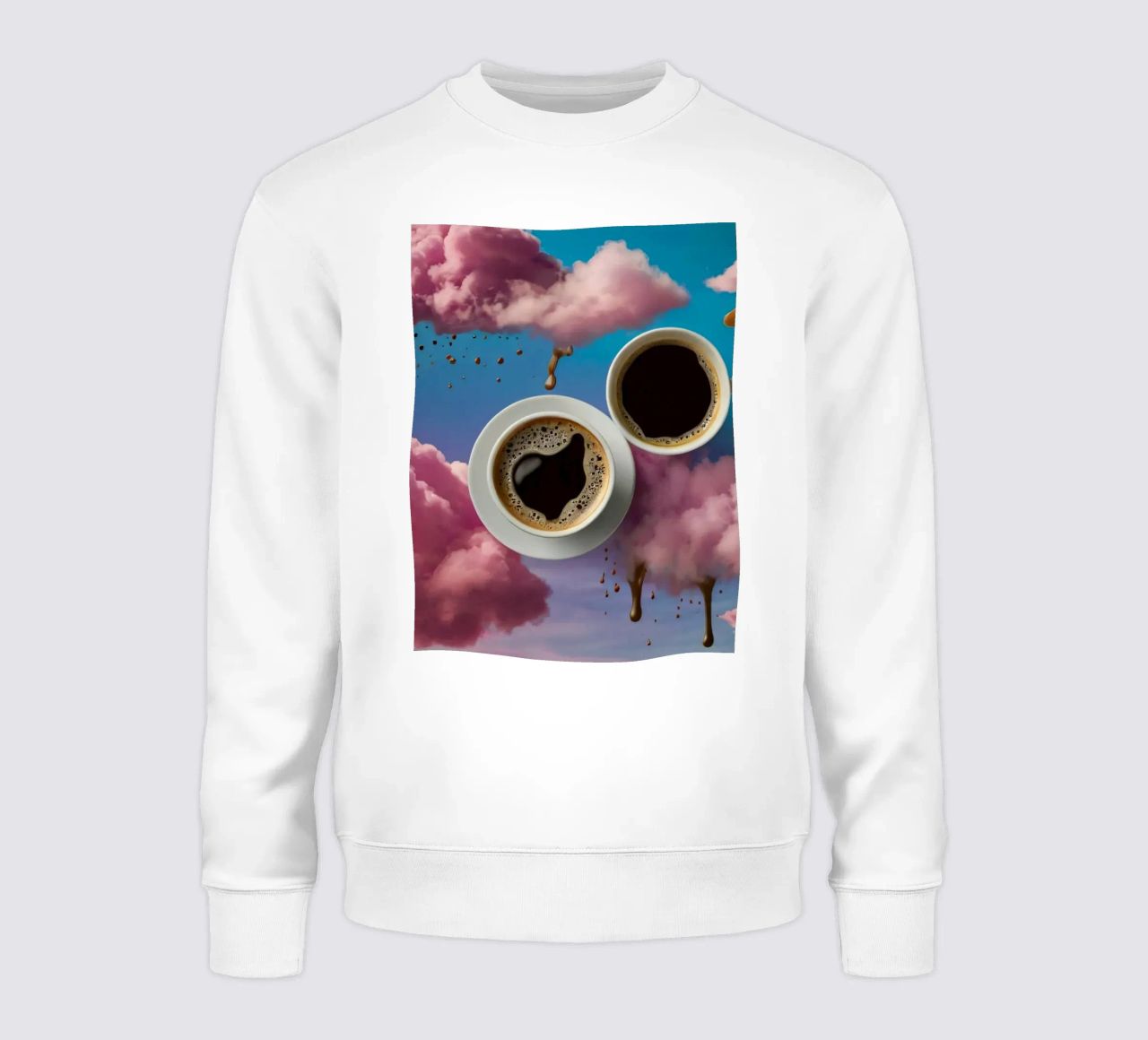 Due tazze di caffè fumanti appoggiate in cima a nuvole colorate arte felpa da DesignDoodle