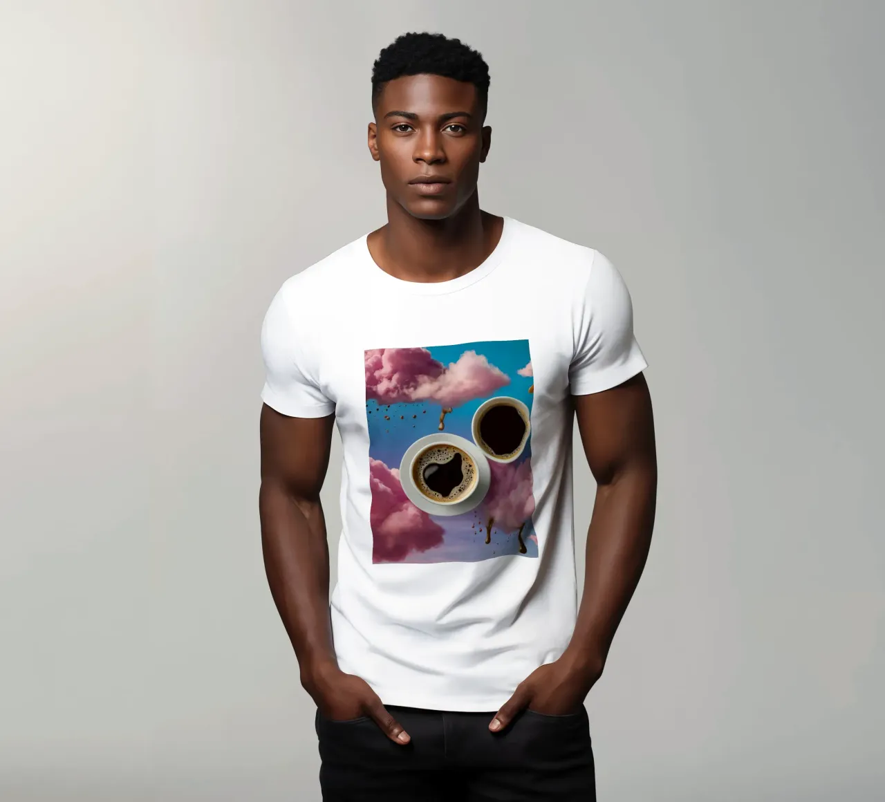 Two steaming cups of coffee resting atop colorful clouds art t-shirt by DesignDoodle