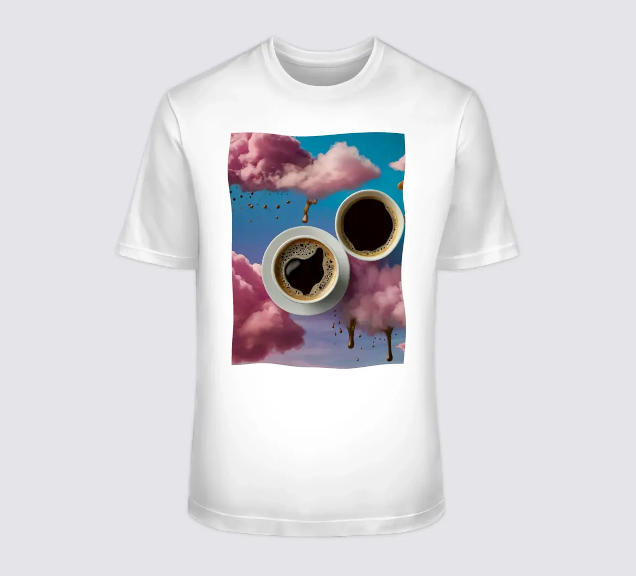 Two steaming cups of coffee resting atop colorful clouds art t-shirt by DesignDoodle