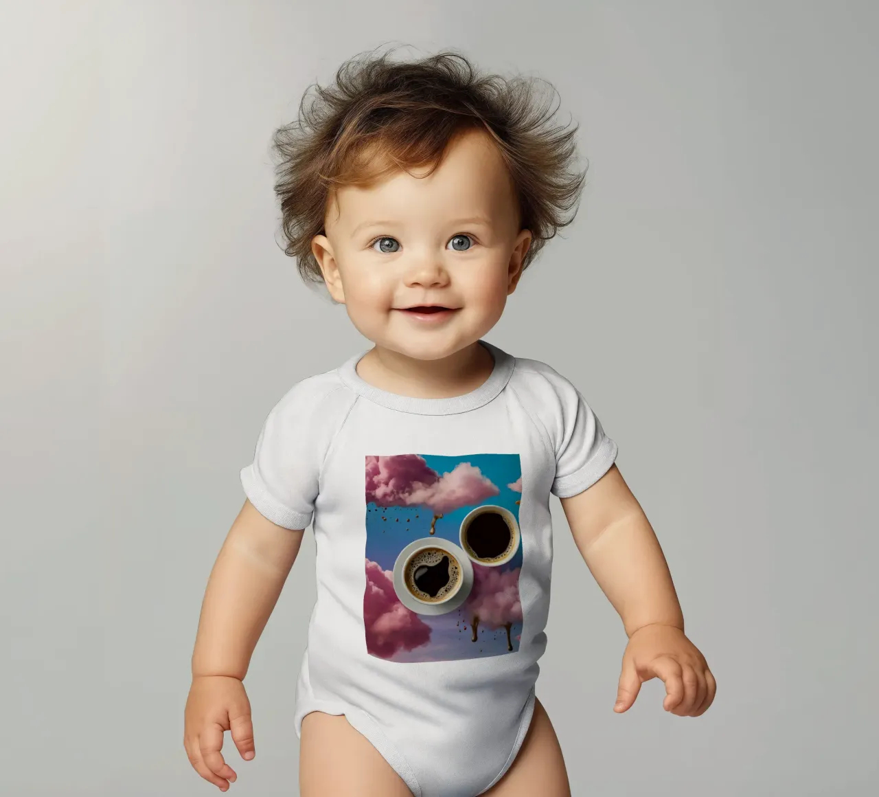 Two steaming cups of coffee resting atop colorful clouds art short-sleeve baby romper by DesignDoodle