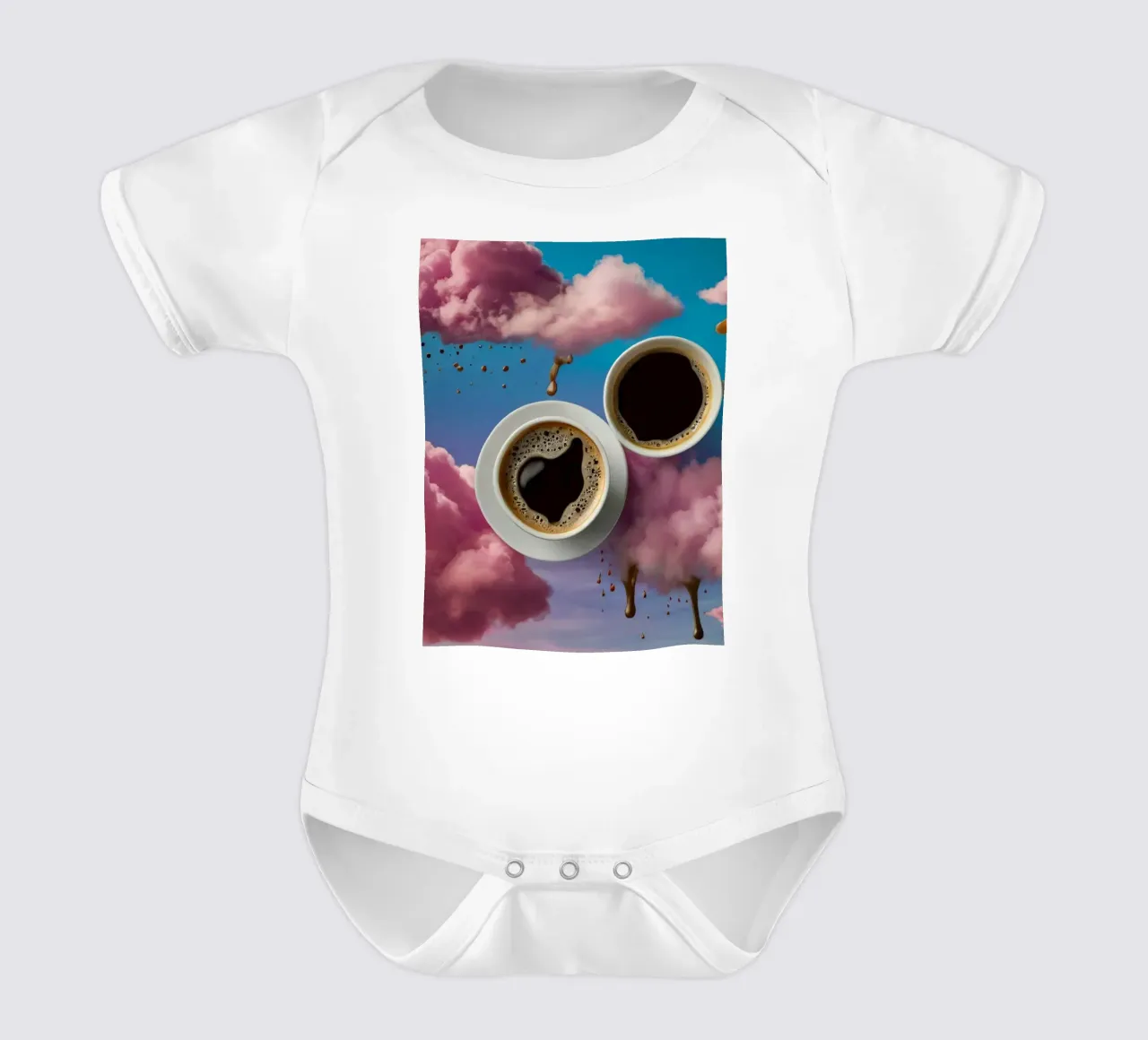 Two steaming cups of coffee resting atop colorful clouds art short-sleeve baby romper by DesignDoodle