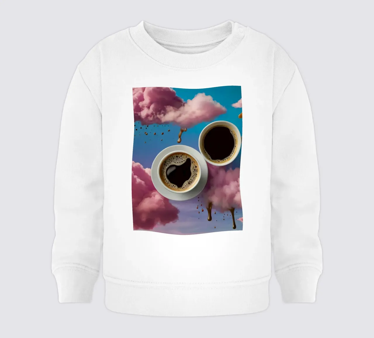 Due tazze di caffè fumanti appoggiate in cima a nuvole colorate arte felpa neonato da DesignDoodle