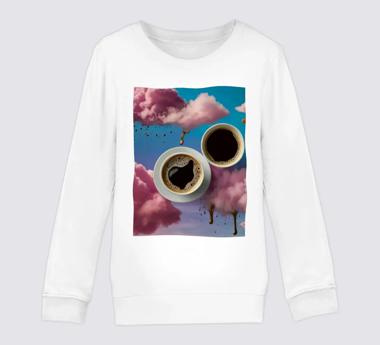 Due tazze di caffè fumanti appoggiate in cima a nuvole colorate arte felpa bambino da DesignDoodle