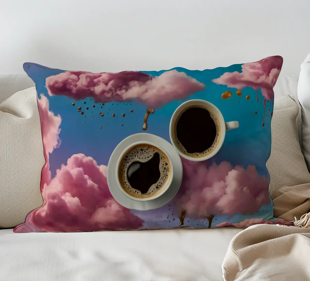 Due tazze di caffè fumanti appoggiate in cima a nuvole colorate arte cuscino da DesignDoodle