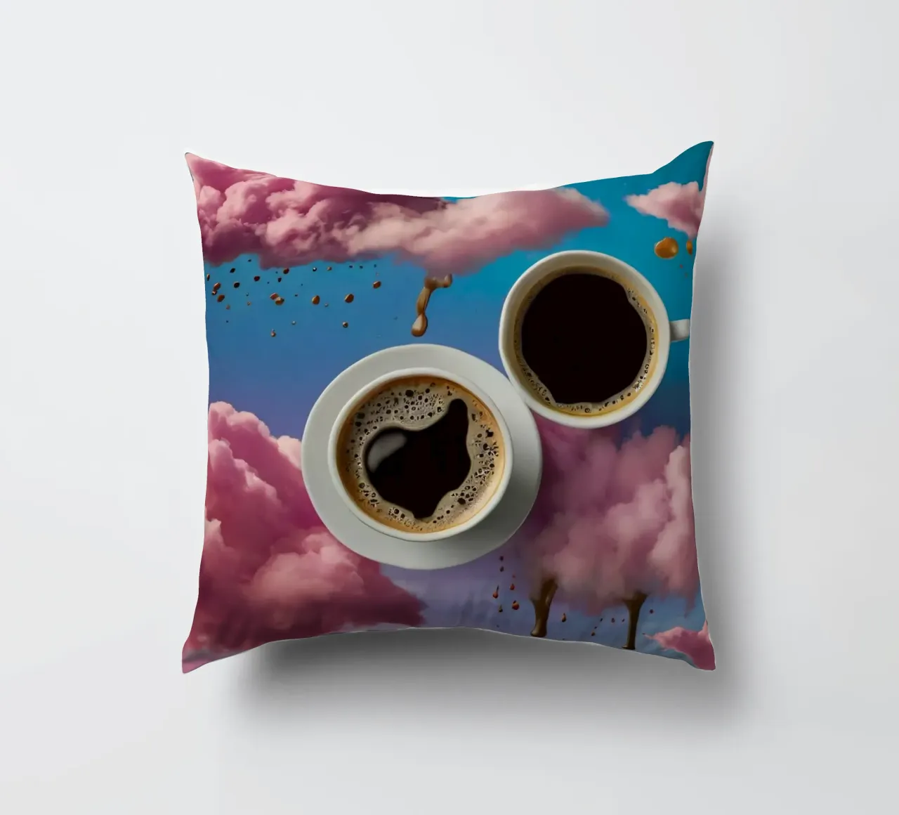 Due tazze di caffè fumanti appoggiate in cima a nuvole colorate arte cuscino da DesignDoodle