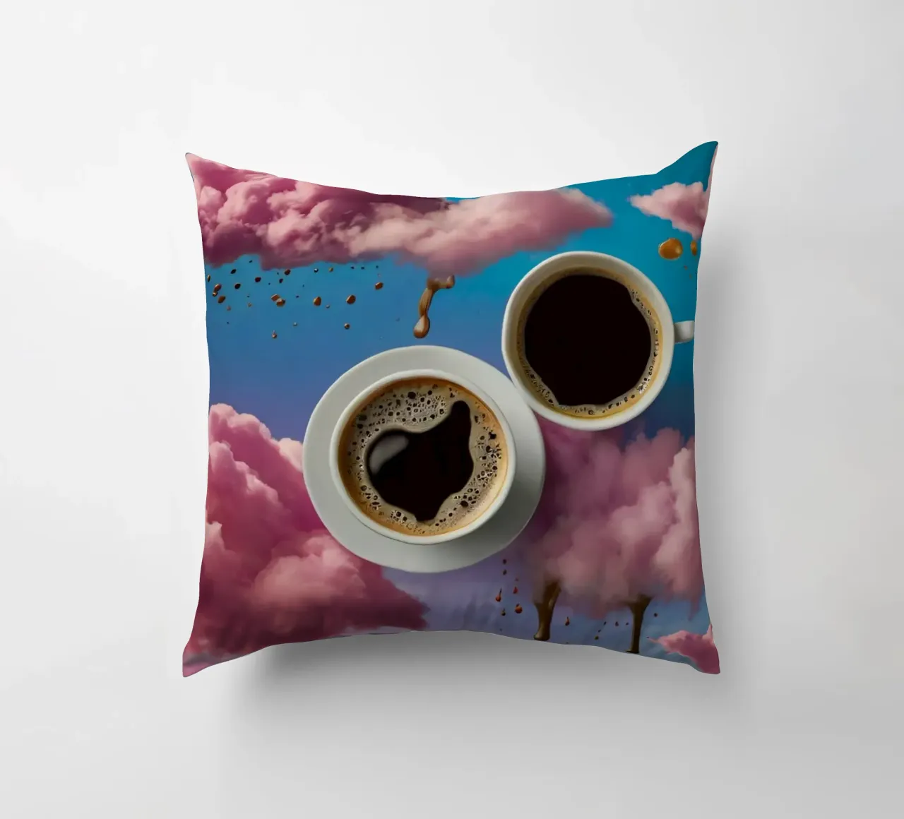 Due tazze di caffè fumanti appoggiate in cima a nuvole colorate arte cuscino da DesignDoodle