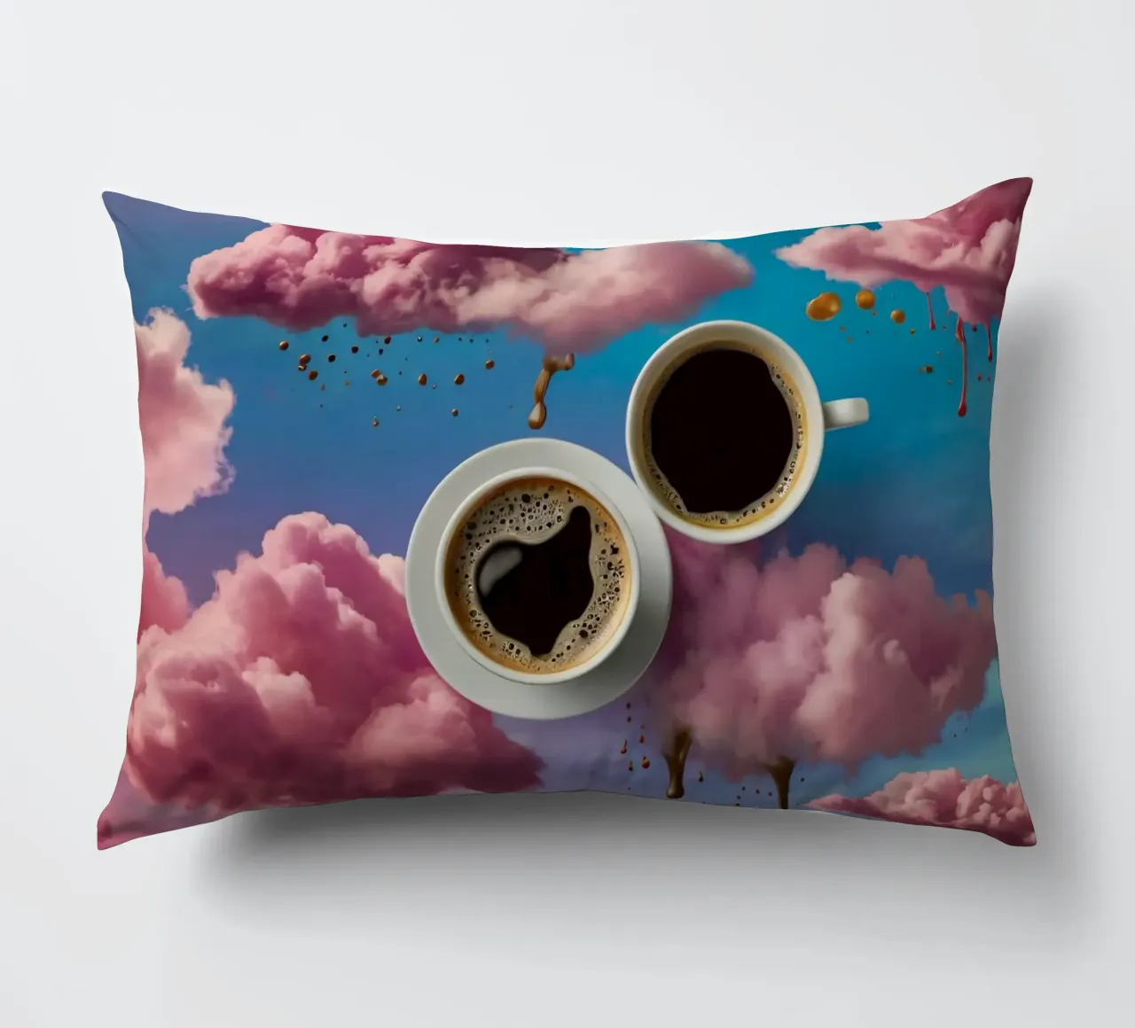 Due tazze di caffè fumanti appoggiate in cima a nuvole colorate arte cuscino da DesignDoodle