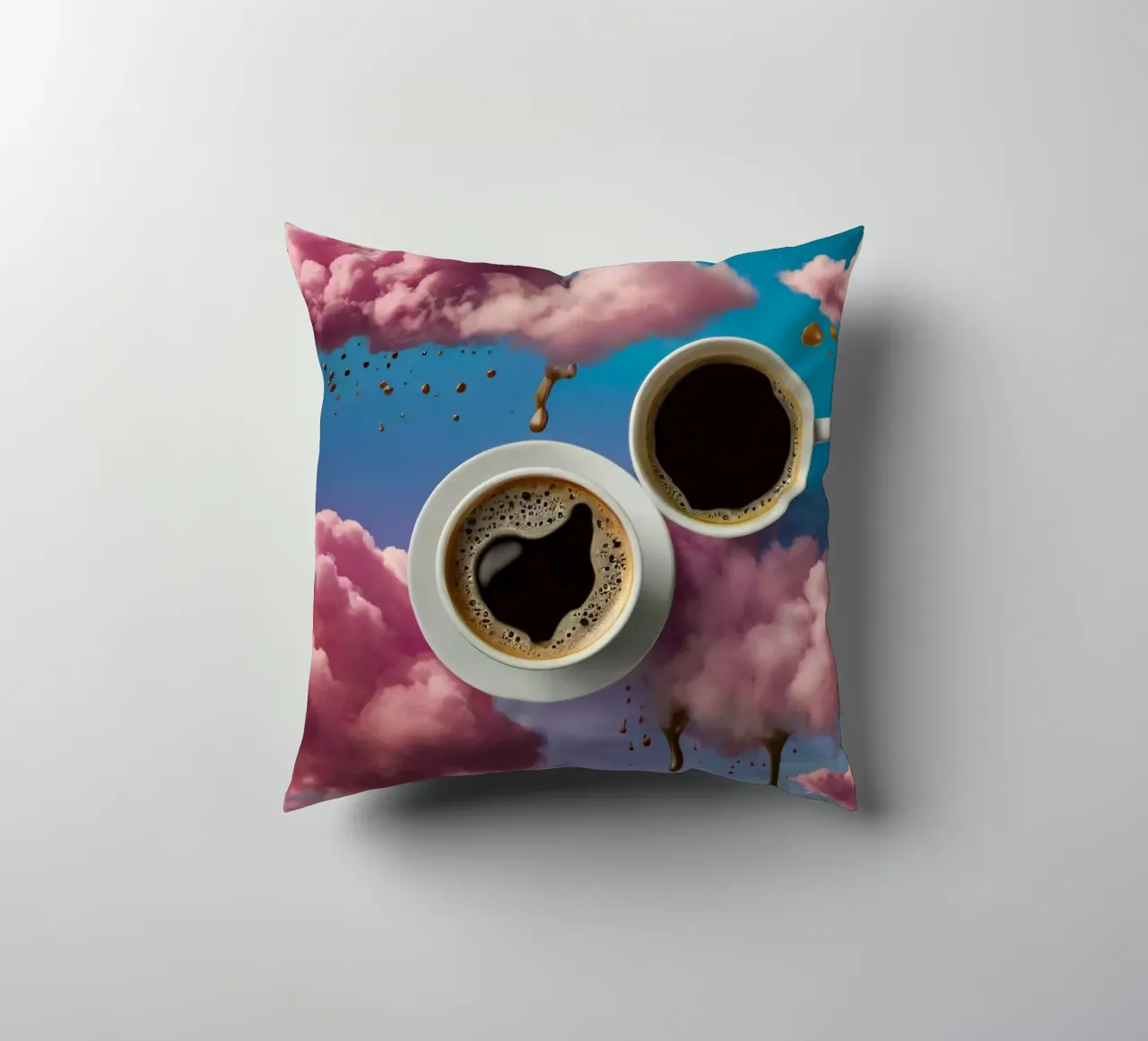 Due tazze di caffè fumanti appoggiate in cima a nuvole colorate arte cuscino da DesignDoodle