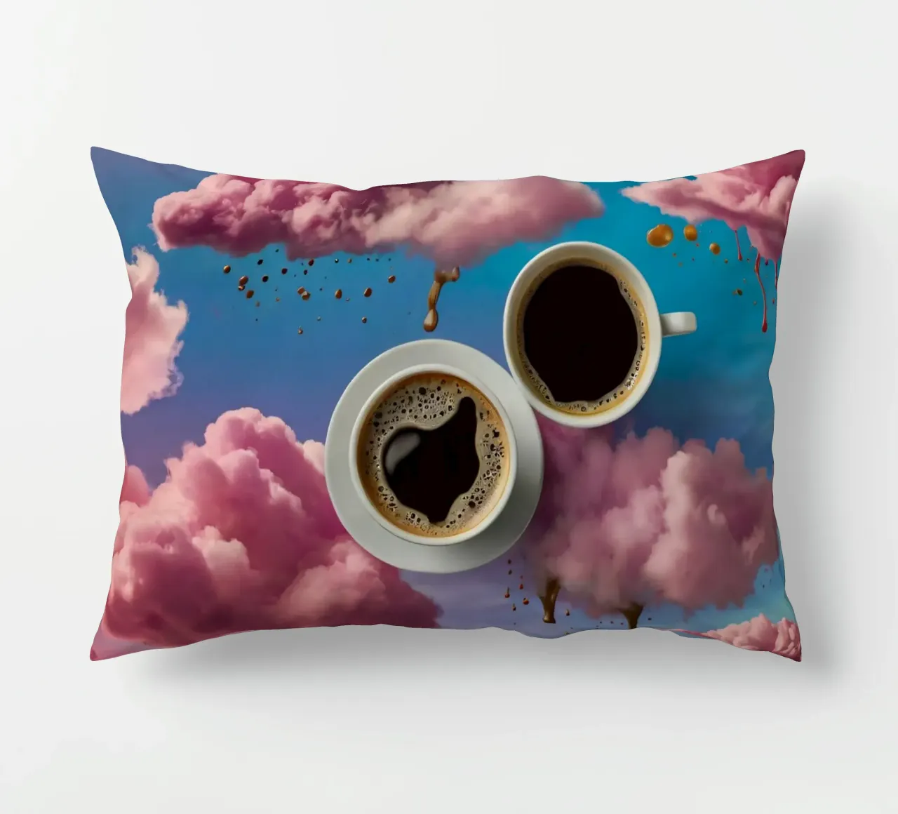 Due tazze di caffè fumanti appoggiate in cima a nuvole colorate arte cuscino da DesignDoodle