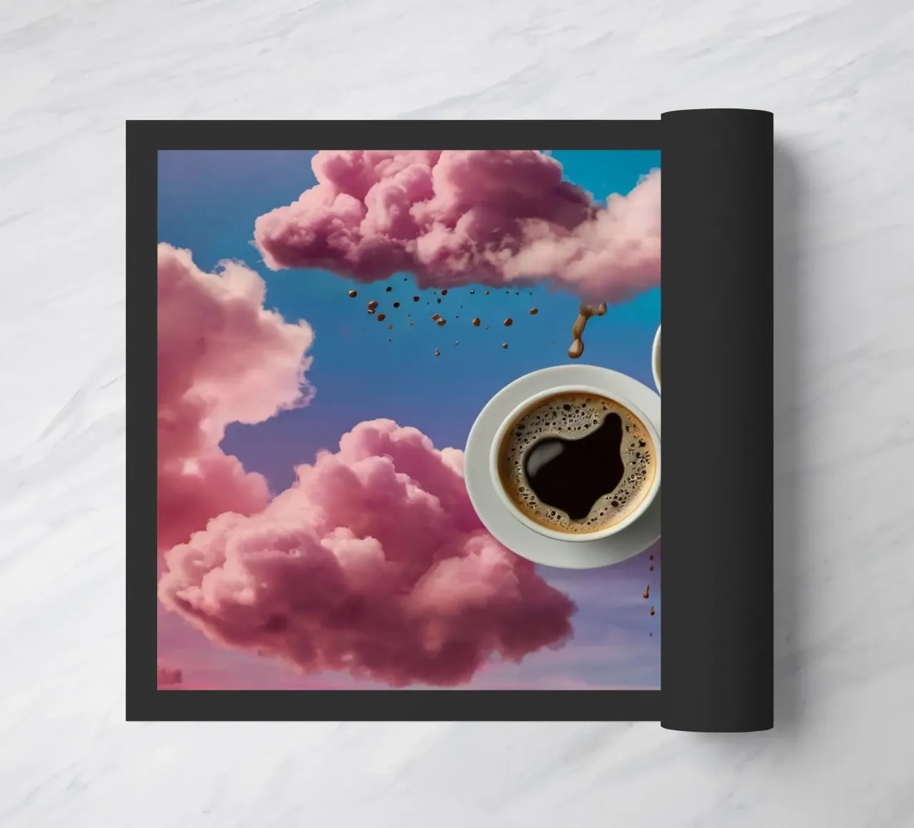 Due tazze di caffè fumanti appoggiate in cima a nuvole colorate arte zerbino da DesignDoodle