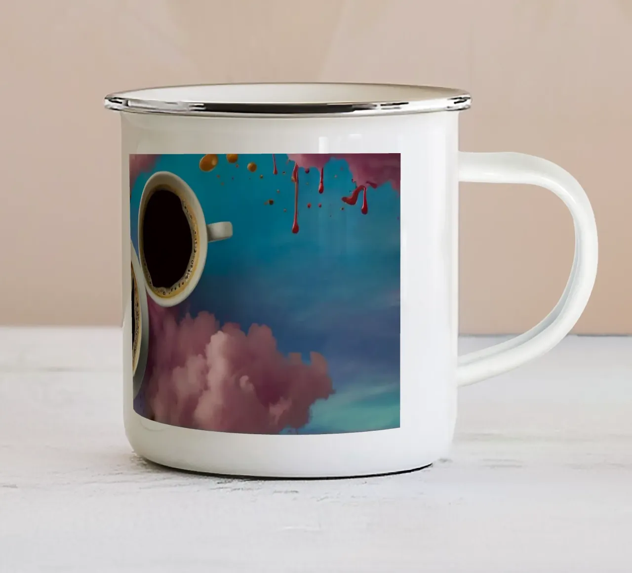 Two steaming cups of coffee resting atop colorful clouds art enamel mug by DesignDoodle