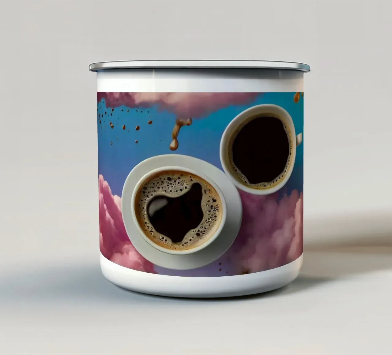 Two steaming cups of coffee resting atop colorful clouds art enamel mug by DesignDoodle