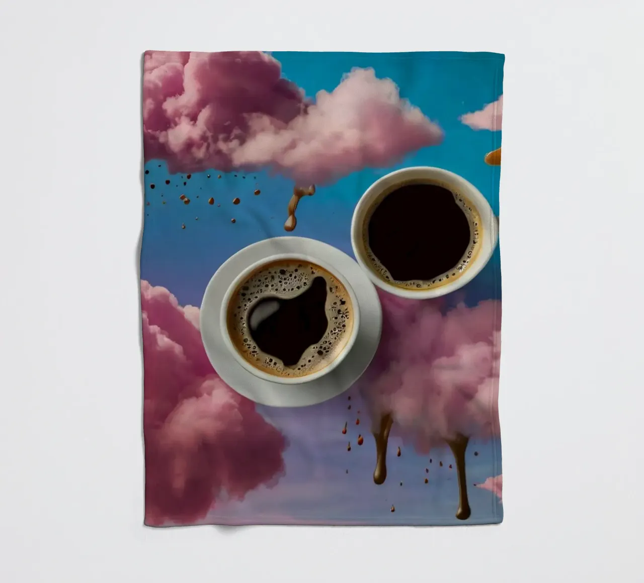 Two steaming cups of coffee resting atop colorful clouds art fleece blanket by DesignDoodle