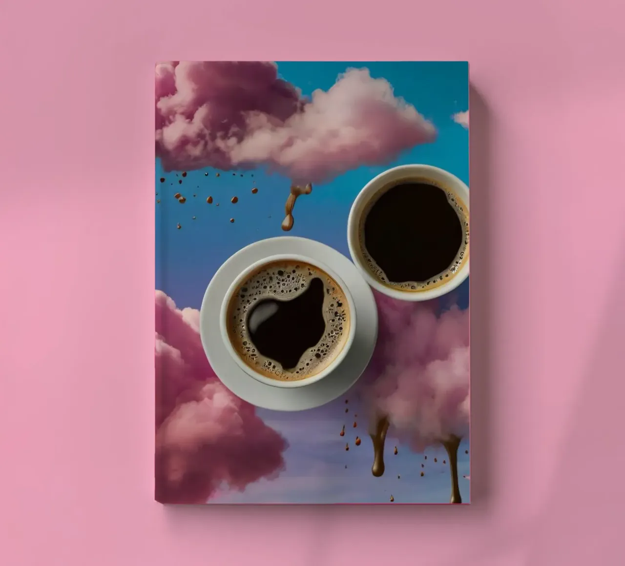 Two steaming cups of coffee resting atop colorful clouds art notebook by DesignDoodle