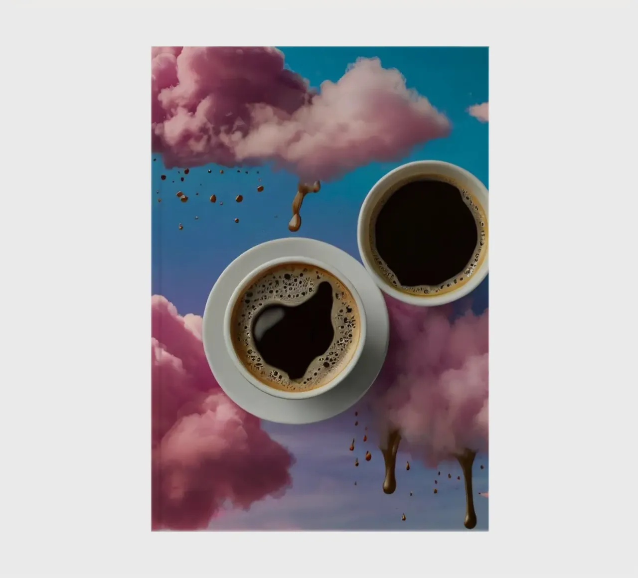 Two steaming cups of coffee resting atop colorful clouds art notebook by DesignDoodle