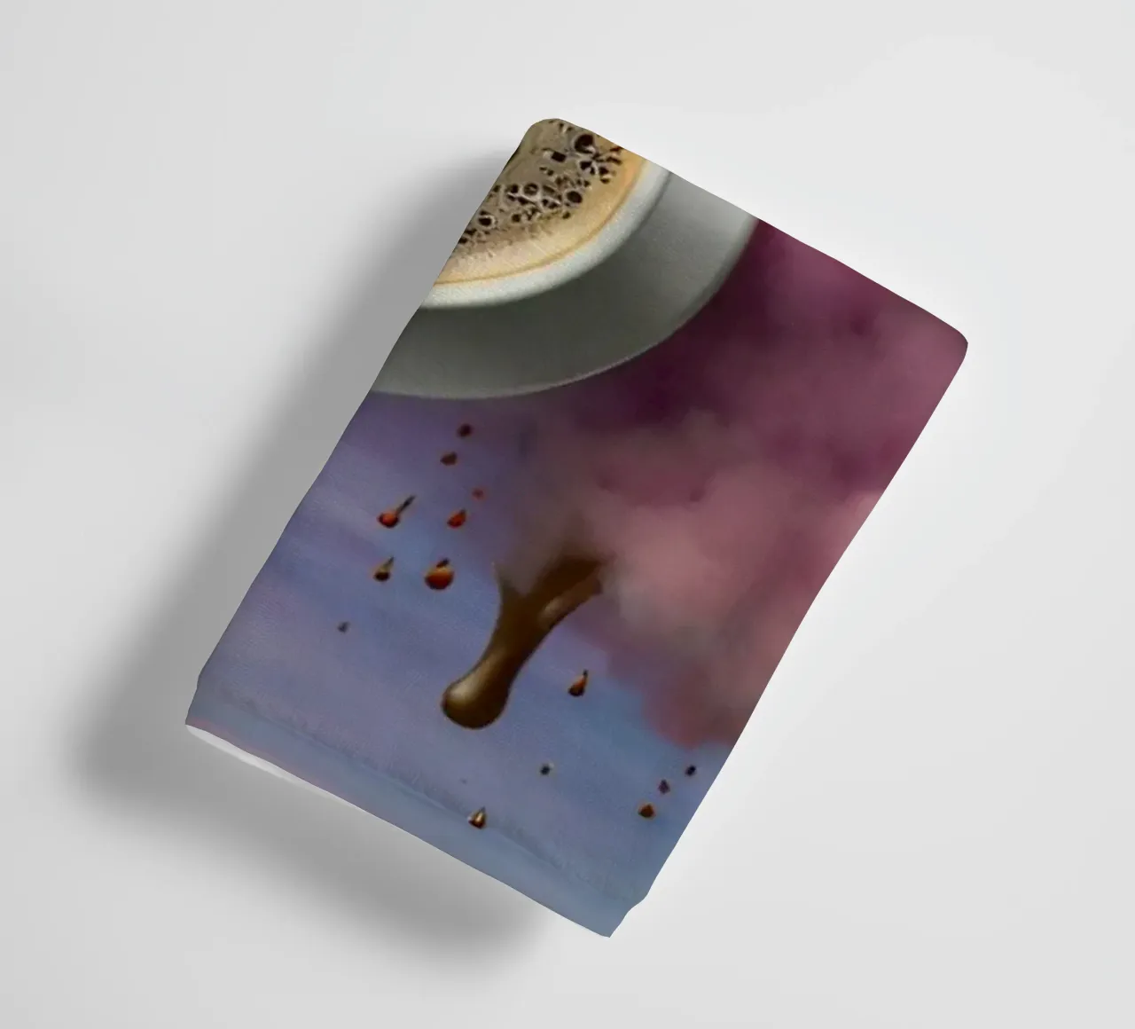 Two steaming cups of coffee resting atop colorful clouds art towel by DesignDoodle