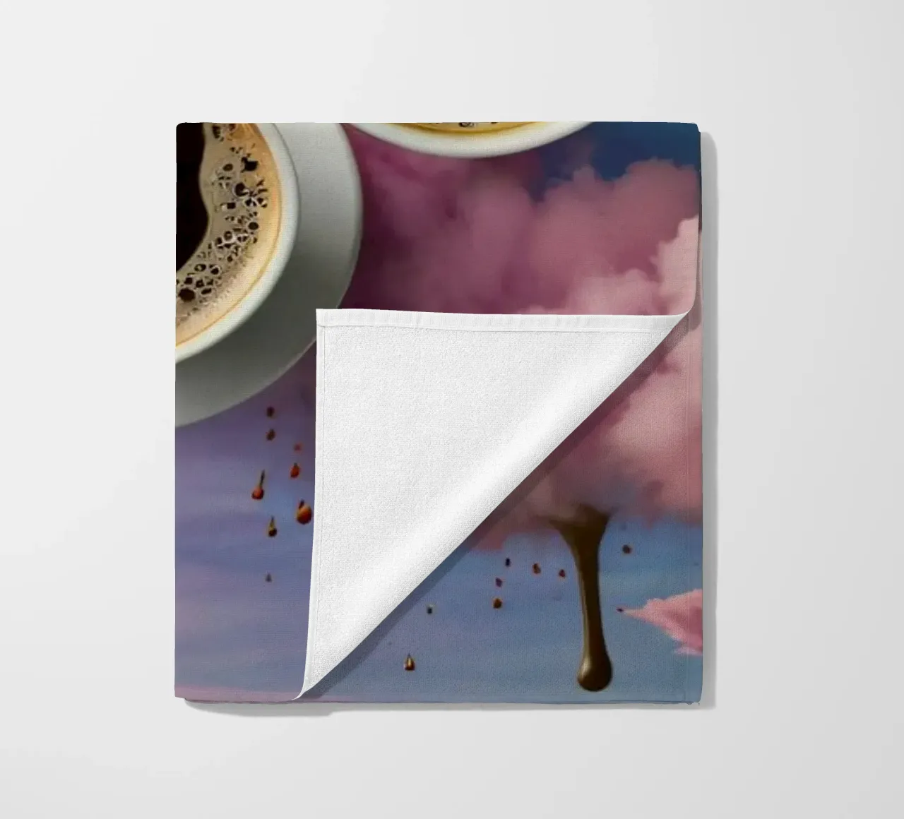 Due tazze di caffè fumanti appoggiate in cima a nuvole colorate arte telo mare da DesignDoodle