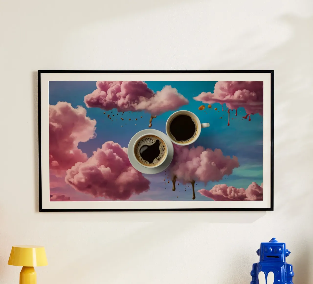 Due tazze di caffè fumanti appoggiate in cima a nuvole colorate arte poster da DesignDoodle