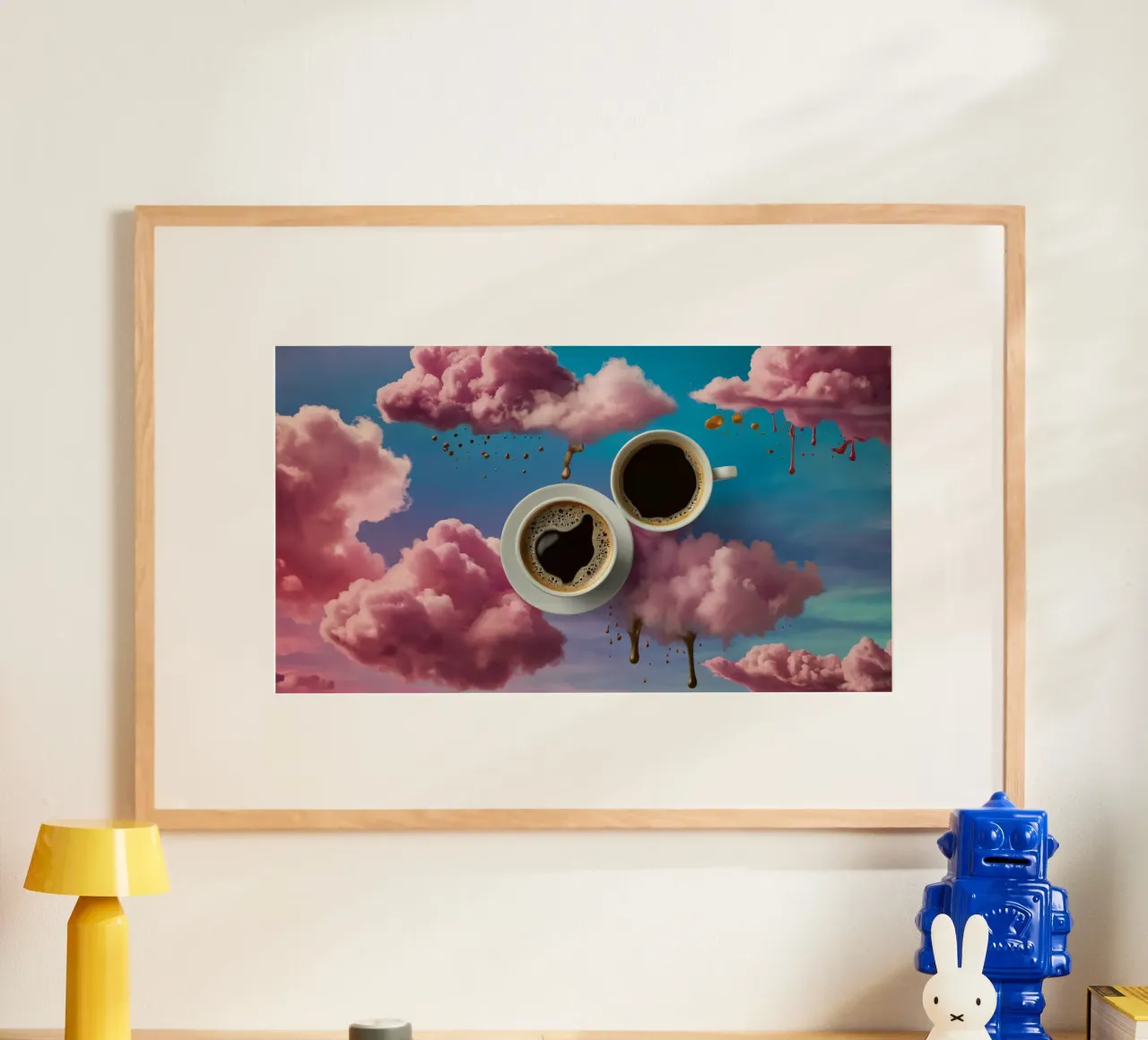 Due tazze di caffè fumanti appoggiate in cima a nuvole colorate arte poster da DesignDoodle