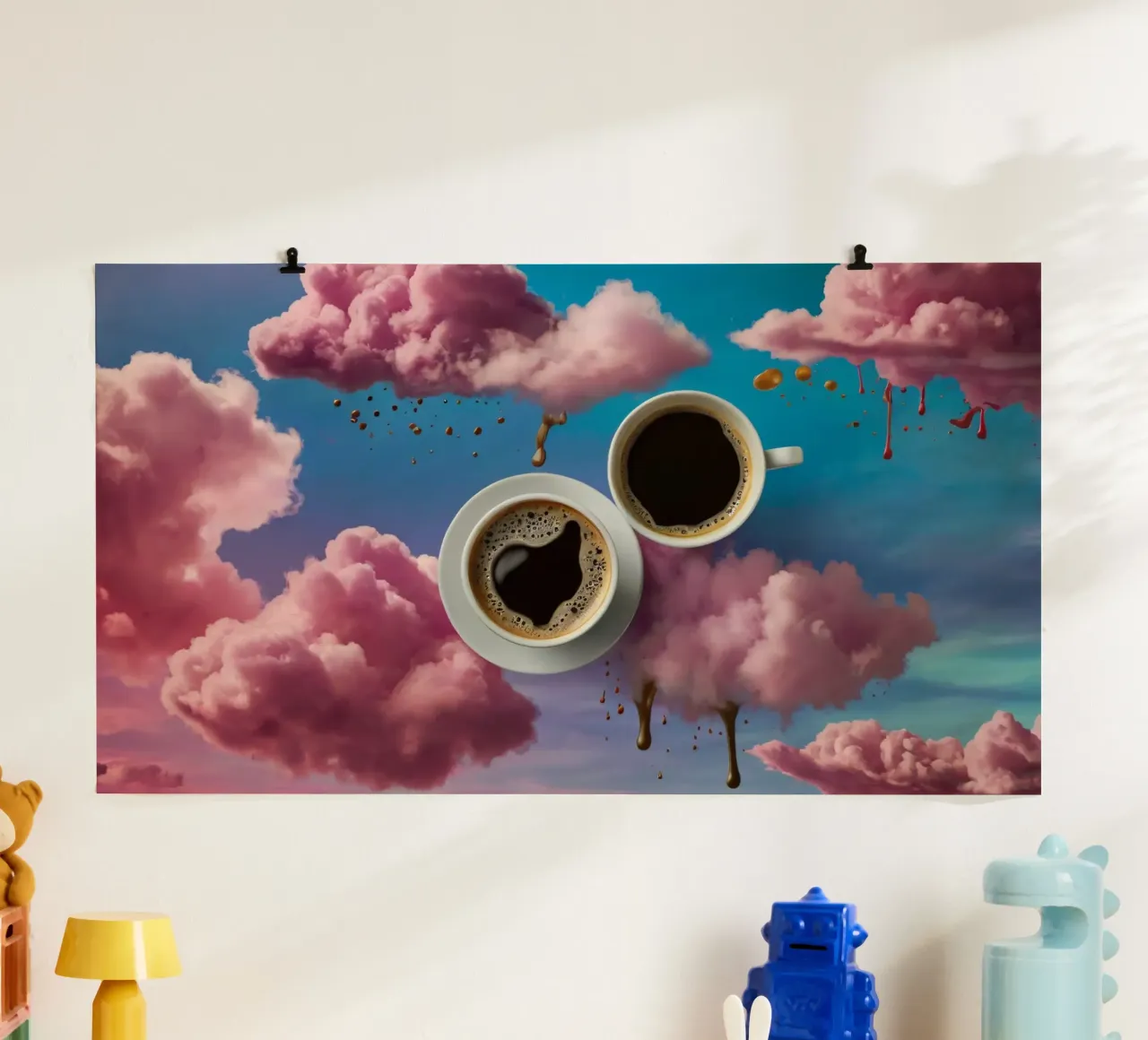 Due tazze di caffè fumanti appoggiate in cima a nuvole colorate arte poster da DesignDoodle