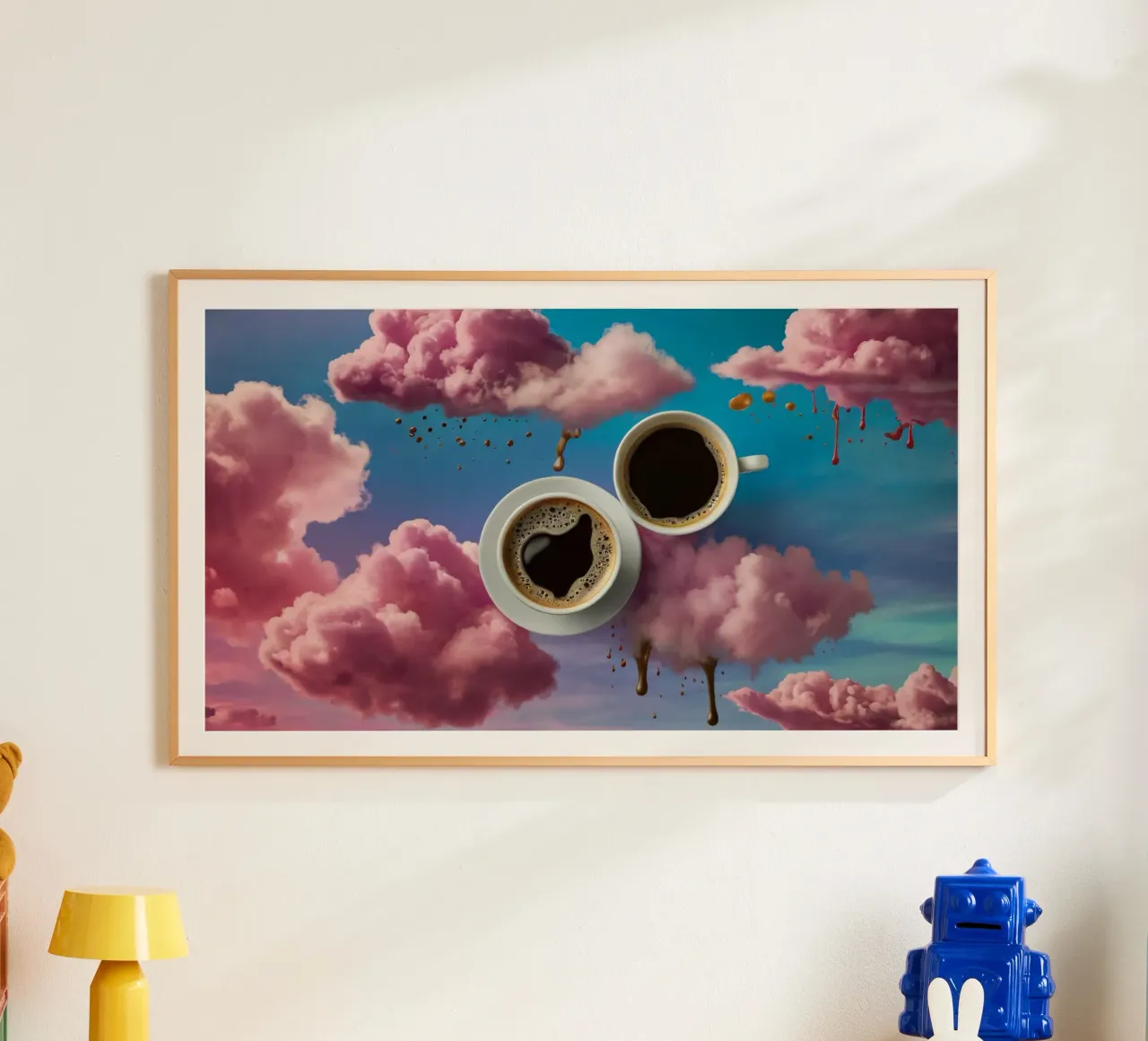 Due tazze di caffè fumanti appoggiate in cima a nuvole colorate arte poster da DesignDoodle