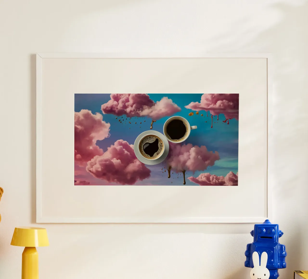 Due tazze di caffè fumanti appoggiate in cima a nuvole colorate arte poster da DesignDoodle