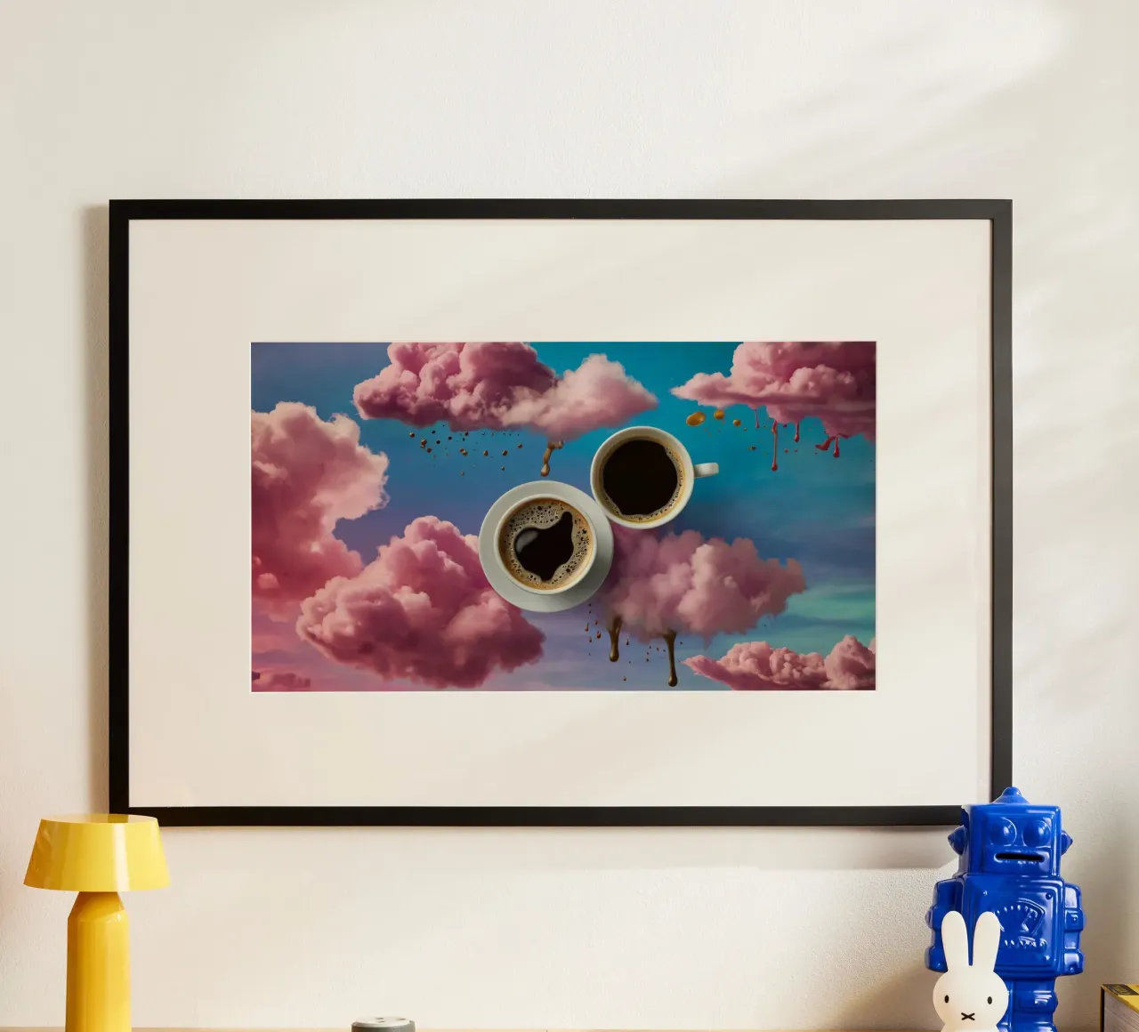 Due tazze di caffè fumanti appoggiate in cima a nuvole colorate arte poster da DesignDoodle