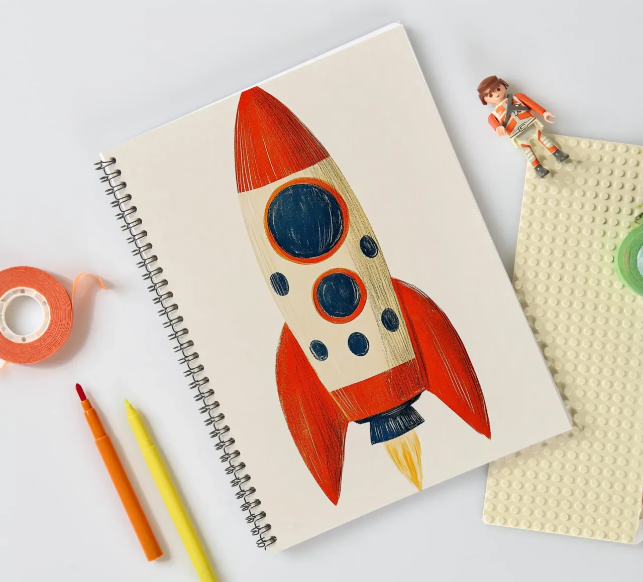 Rocket with flame spiral notebook by Curious Canvas