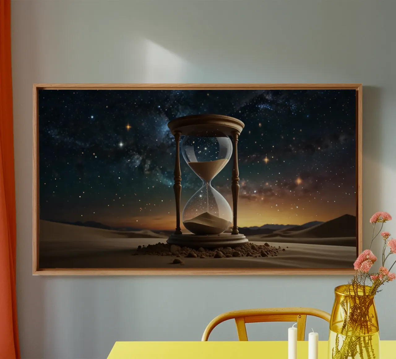 hourglass resting on desert sands under a starry night sky canvas with Floater frame by DesignDoodle