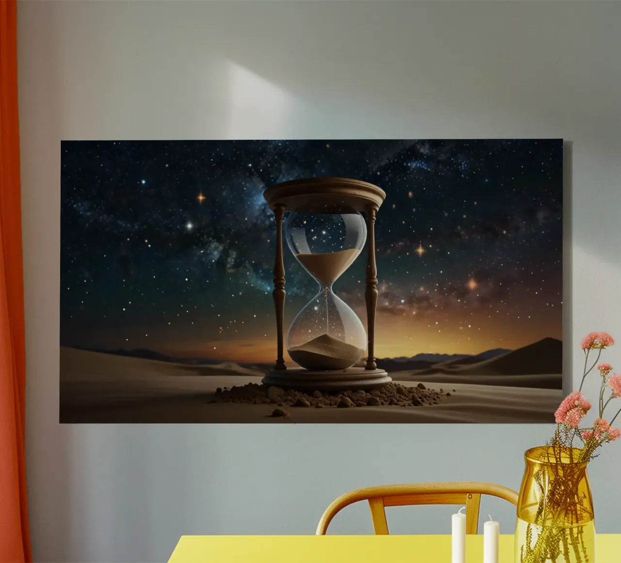 hourglass resting on desert sands under a starry night sky canvas with Floater frame by DesignDoodle