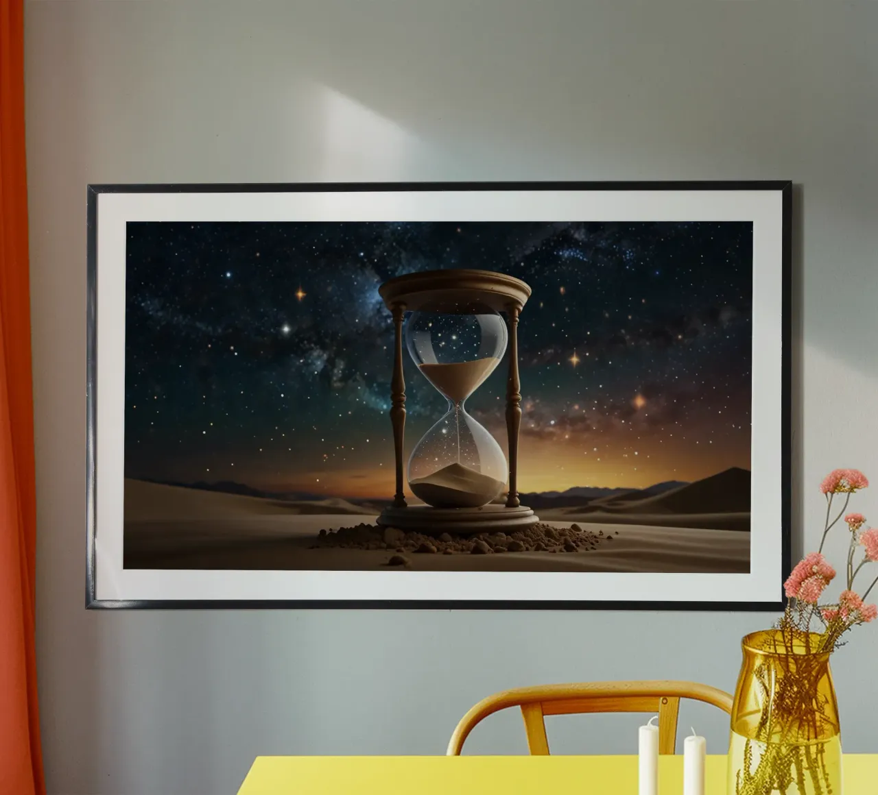 hourglass resting on desert sands under a starry night sky hahnemühle by DesignDoodle