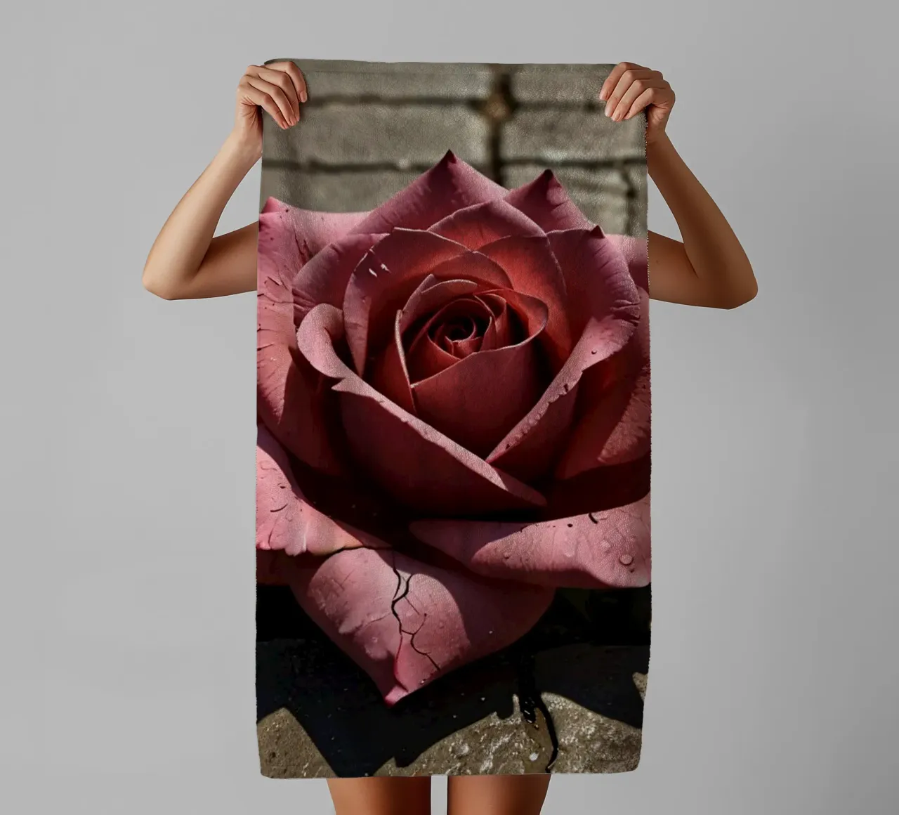 roos rust op gebarsten stoep badhanddoek van DesignDoodle