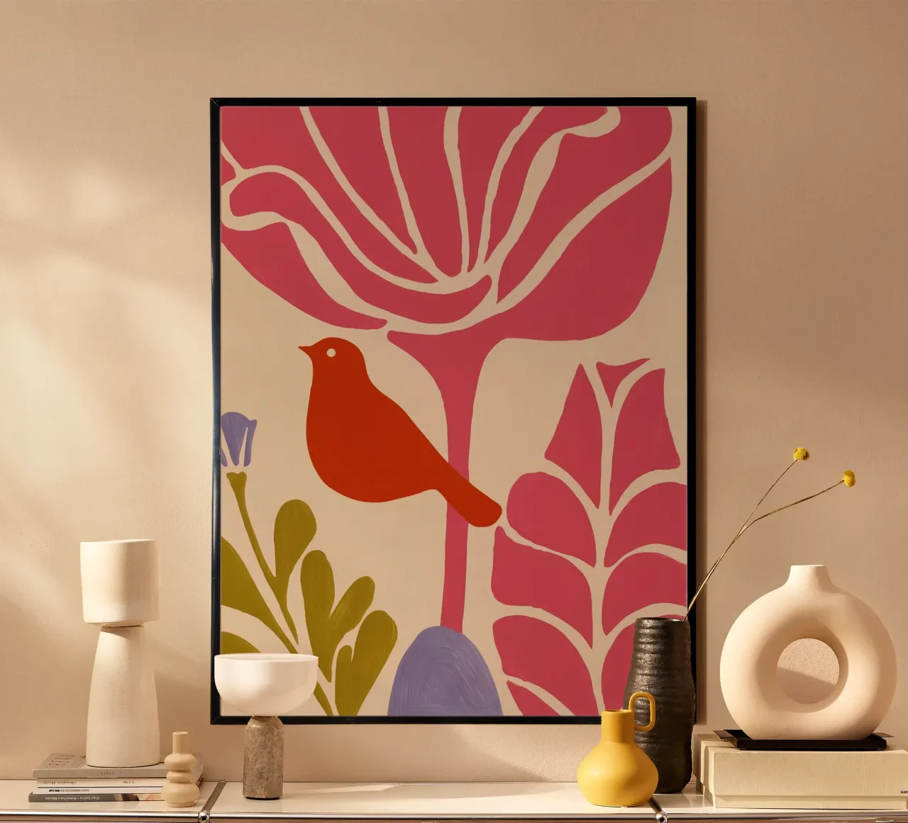 Uccello rosso nel Giardino Matisse poster con telaio in legno da Autofocus