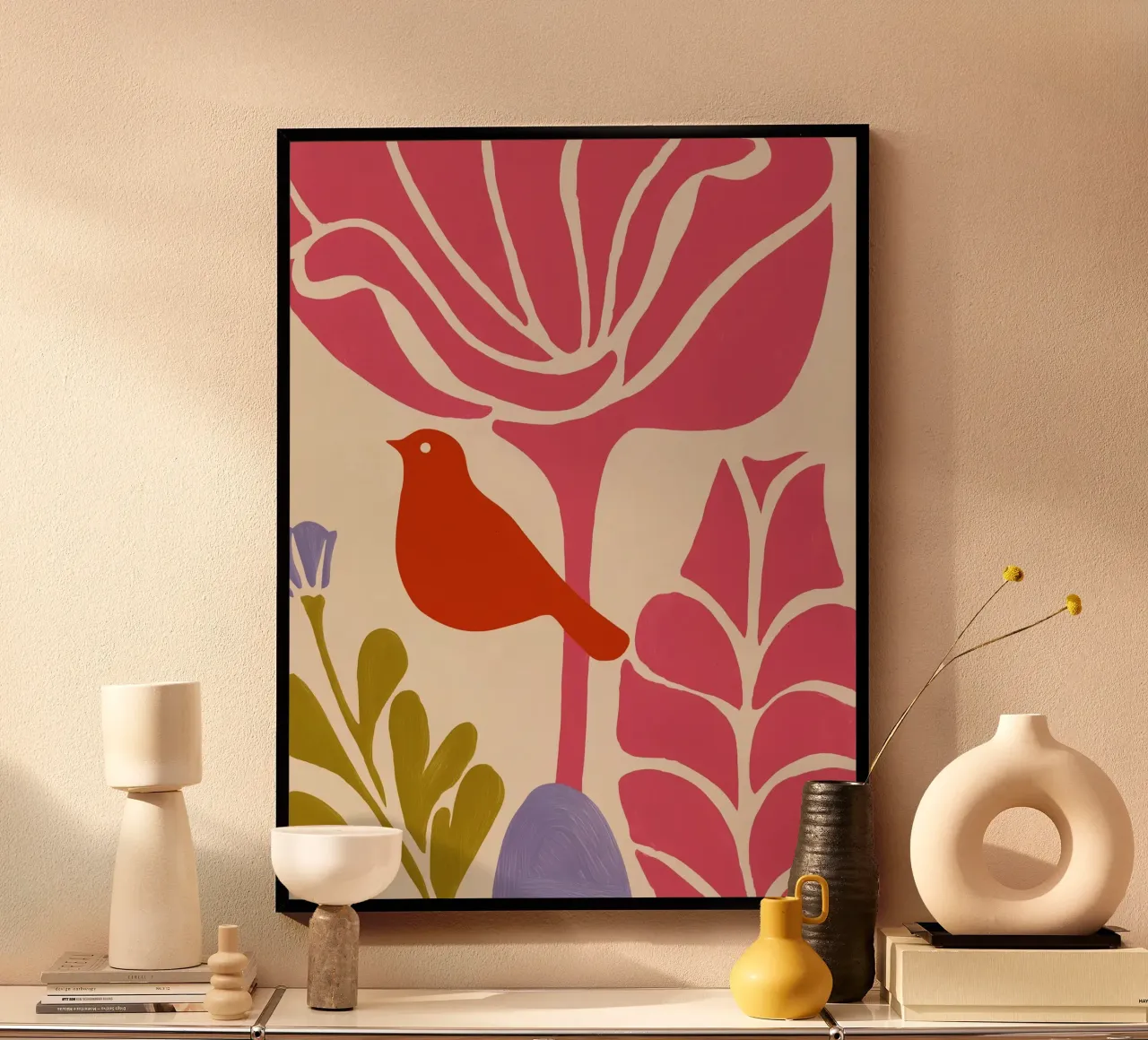 Uccello rosso nel Giardino Matisse poster con telaio in legno da Autofocus