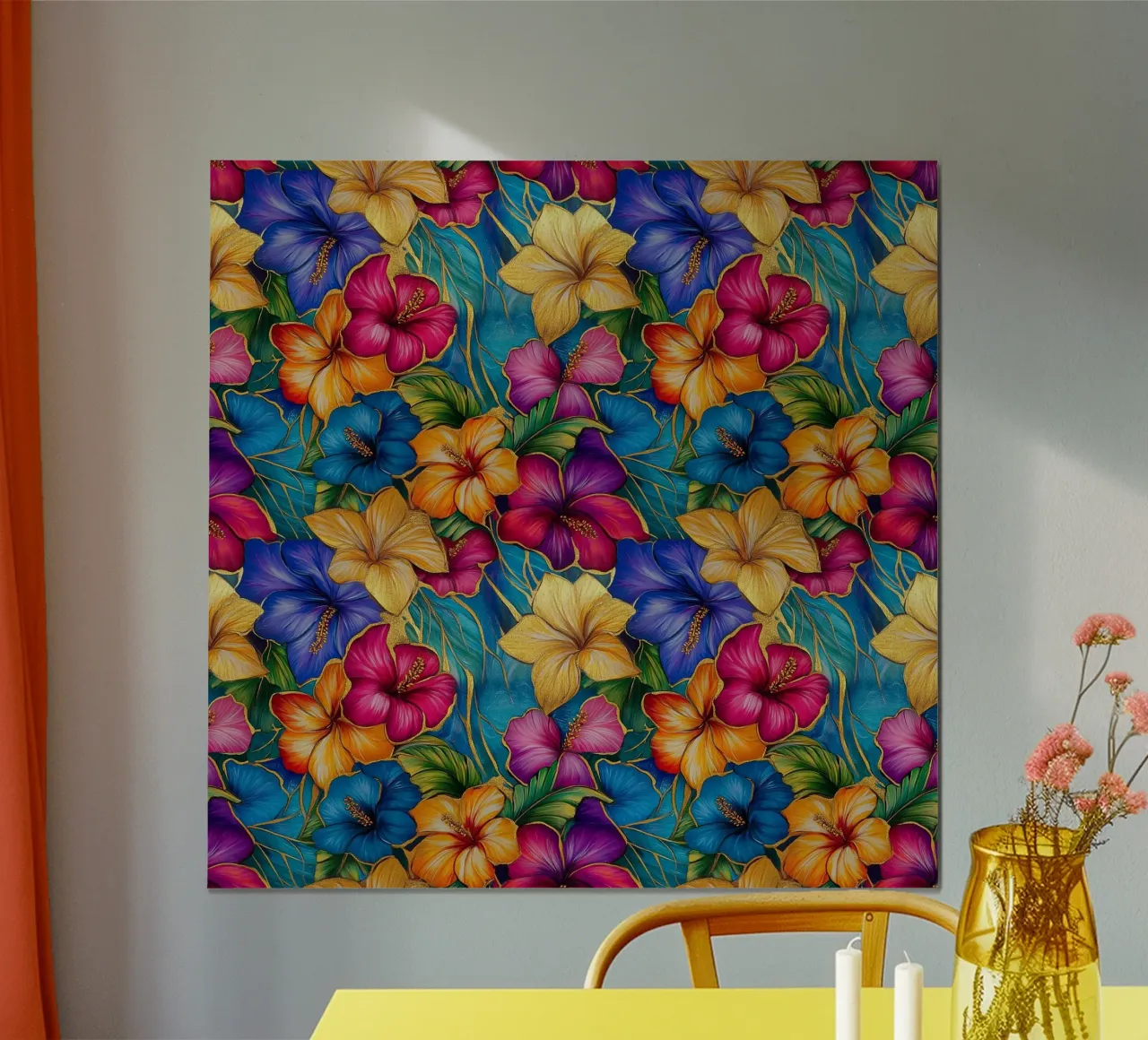 Fiori hawaiani dorati poster con telaio in legno da Botanical Pattern House
