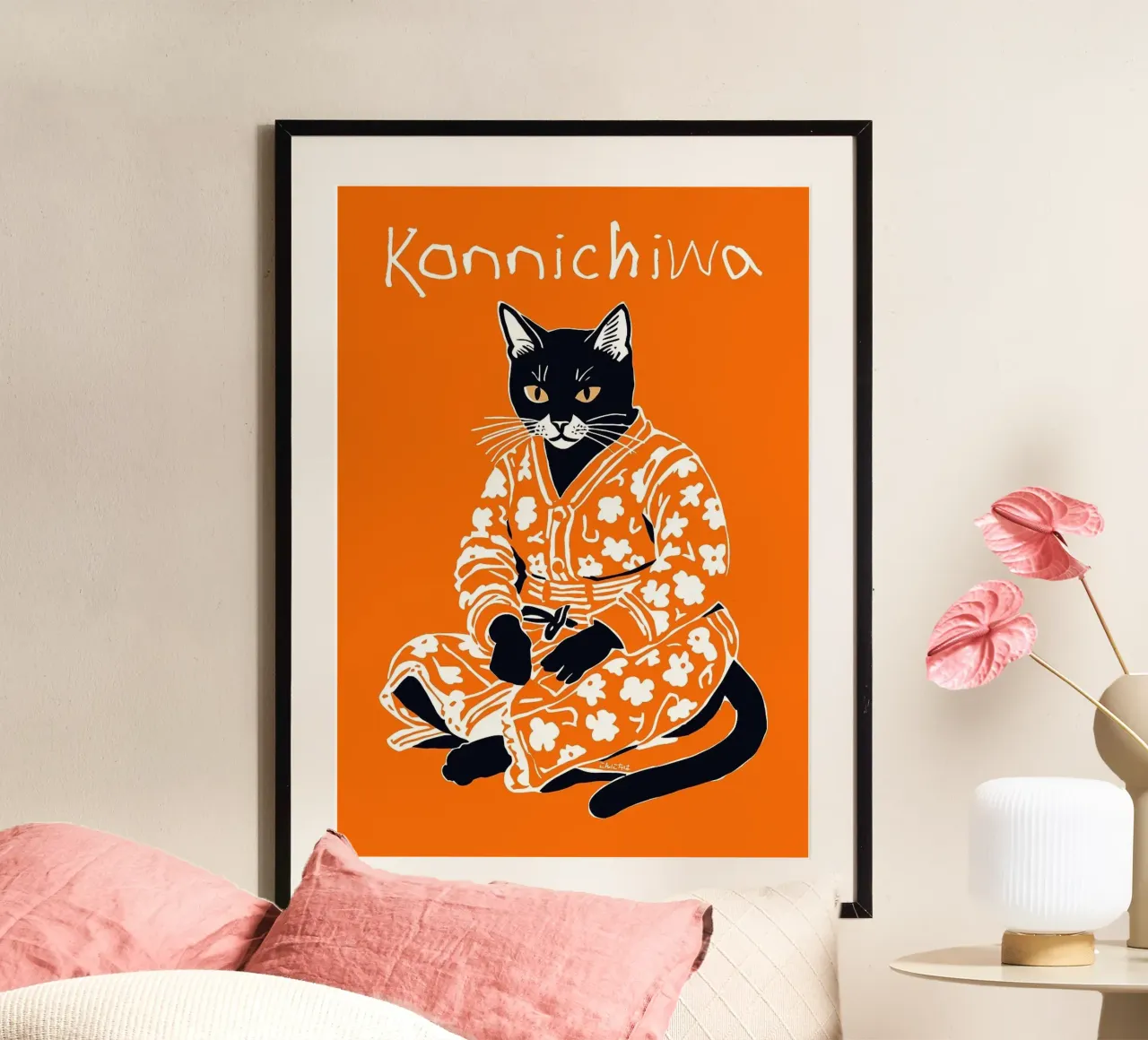 kat die kimono draagt poster met aluminium frame van John C Labut
