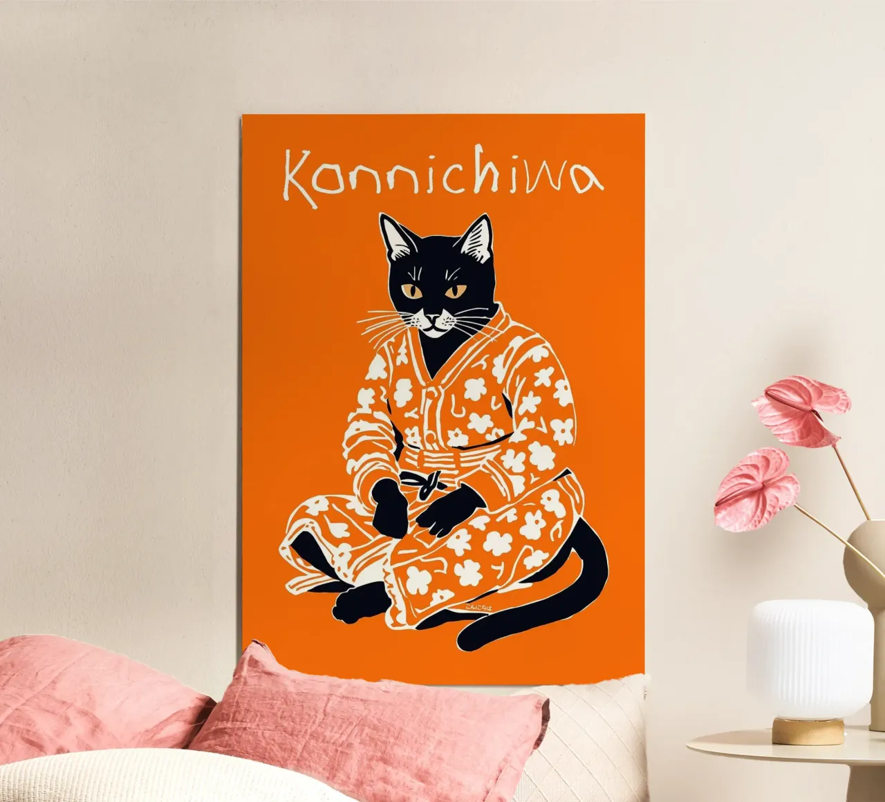 kat die kimono draagt poster met aluminium frame van John C Labut