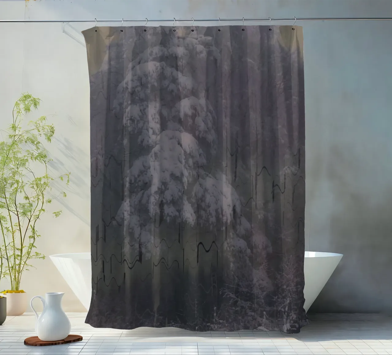 A tree in winter against a geometric background shower curtain by Something for you