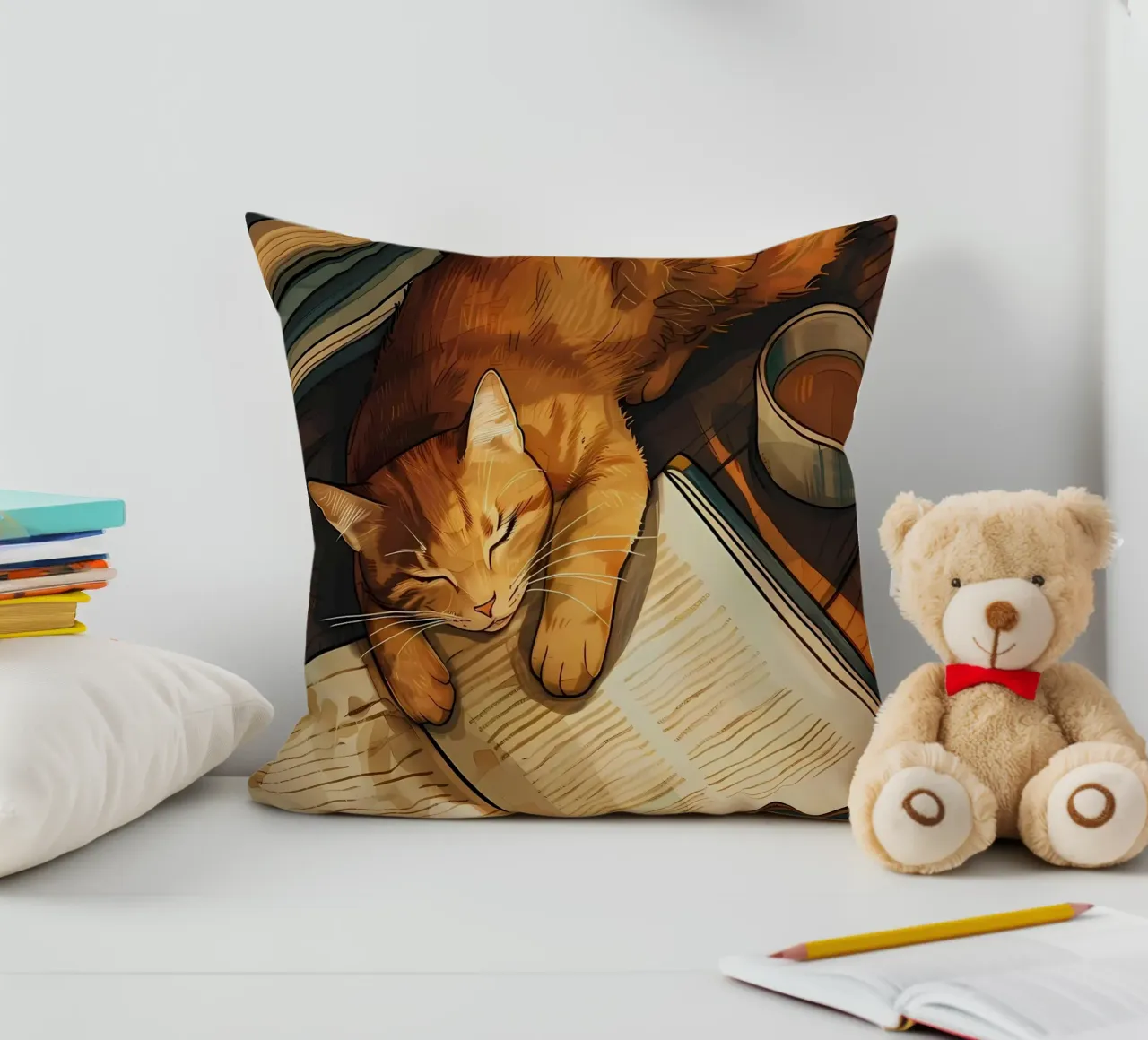 gatto libro tazza tè pavimento in legno lettura pisolino cuscino da Ashish Kashyap