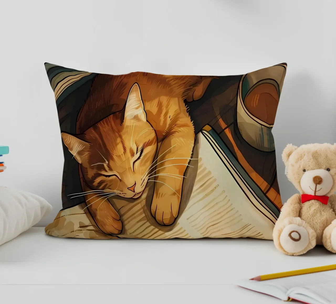 gatto libro tazza tè pavimento in legno lettura pisolino cuscino da Ashish Kashyap
