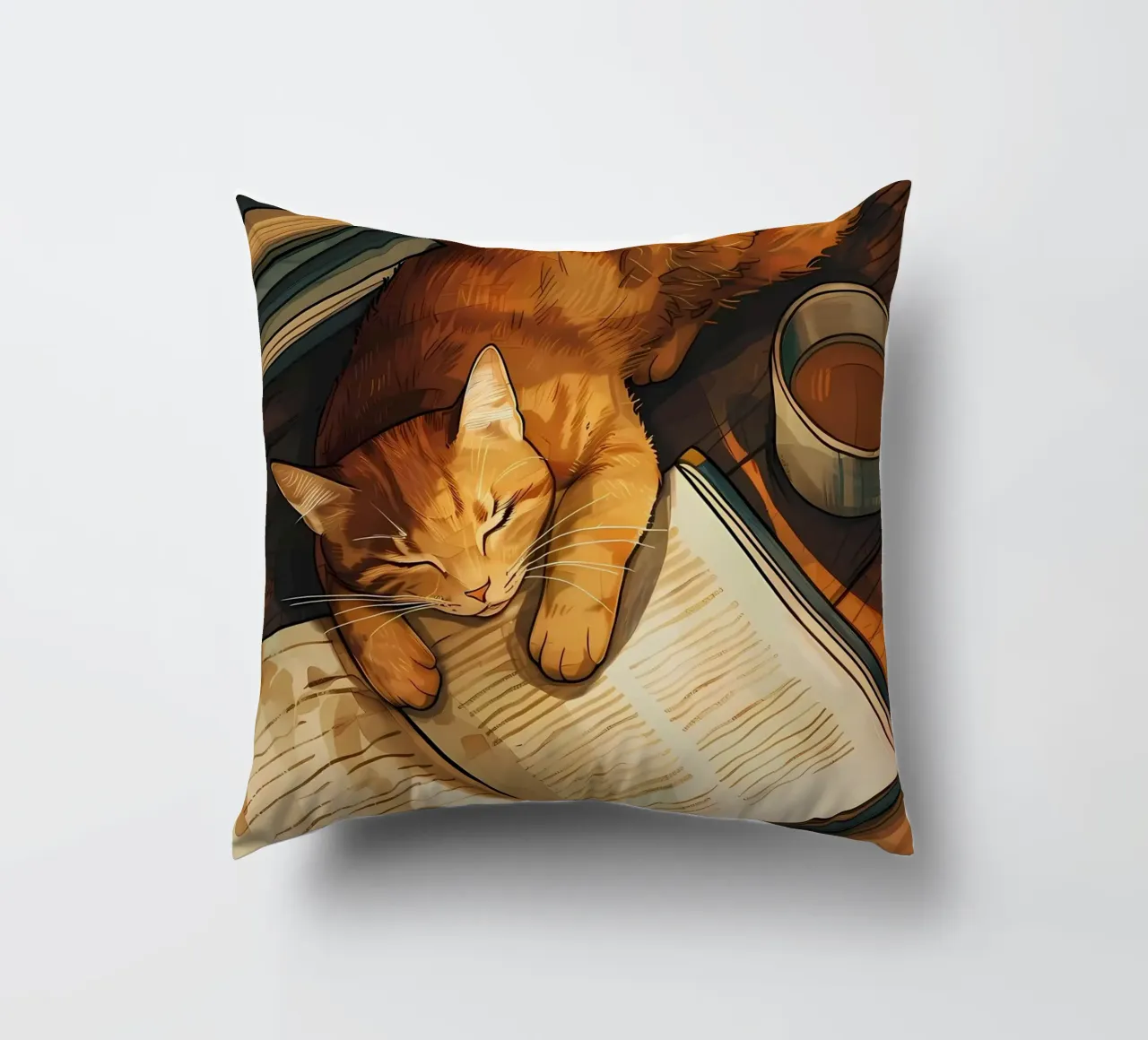 gatto libro tazza tè pavimento in legno lettura pisolino cuscino da Ashish Kashyap