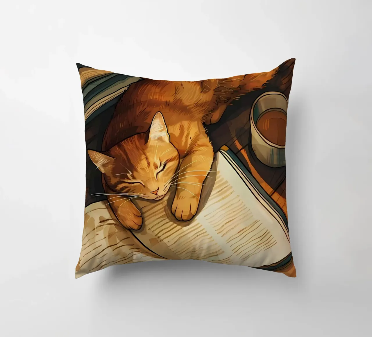 gatto libro tazza tè pavimento in legno lettura pisolino cuscino da Ashish Kashyap